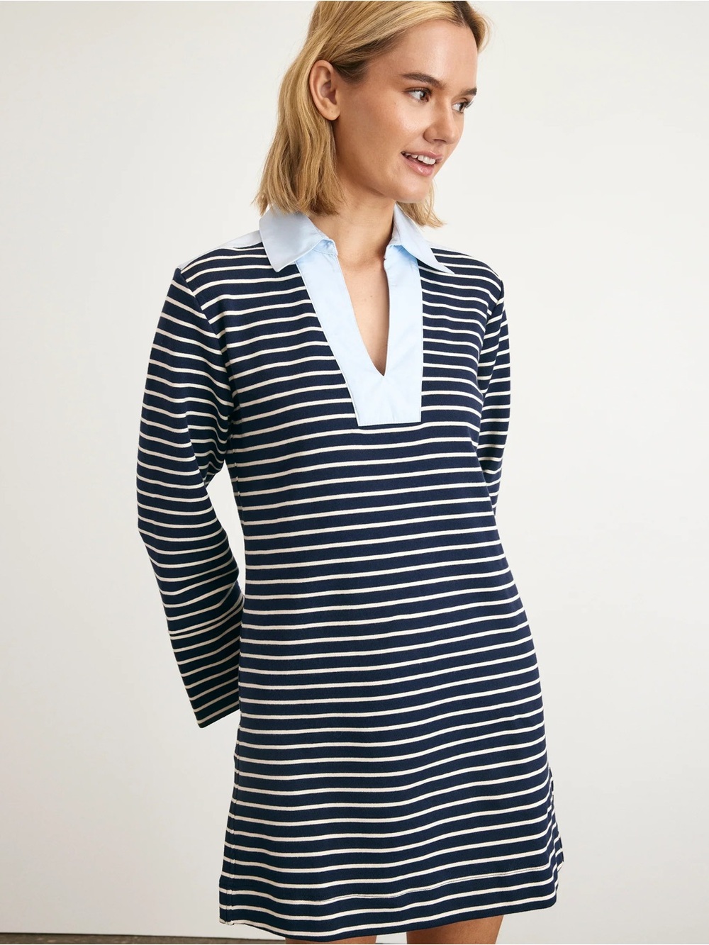 Tanya Taylor Navy & White Striped Polo V-Neck Whitney Dress Large